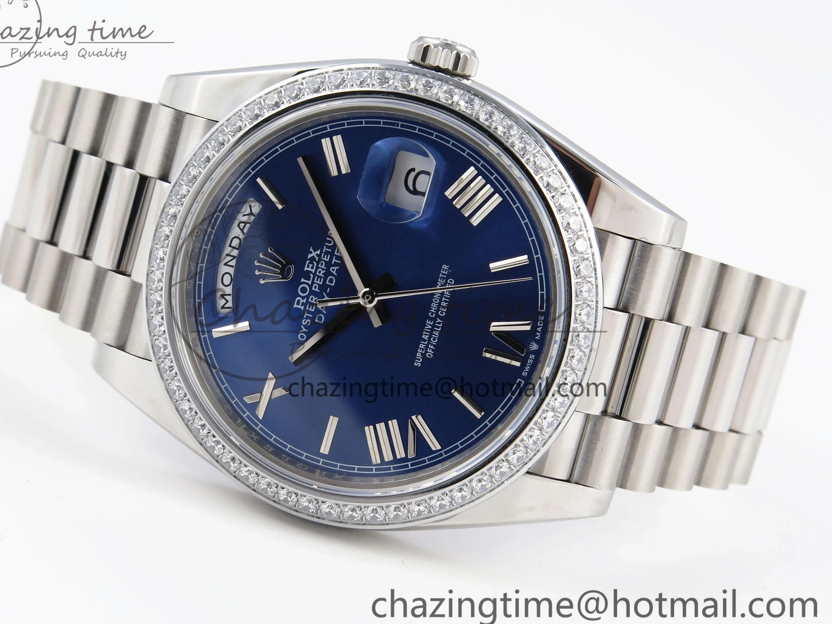 MiroTime 0523 QuickDry DayDate 40 SS GSF Gain Weight Blue Roman Dial Diamonds Bezel on President Bracelet A 1917
